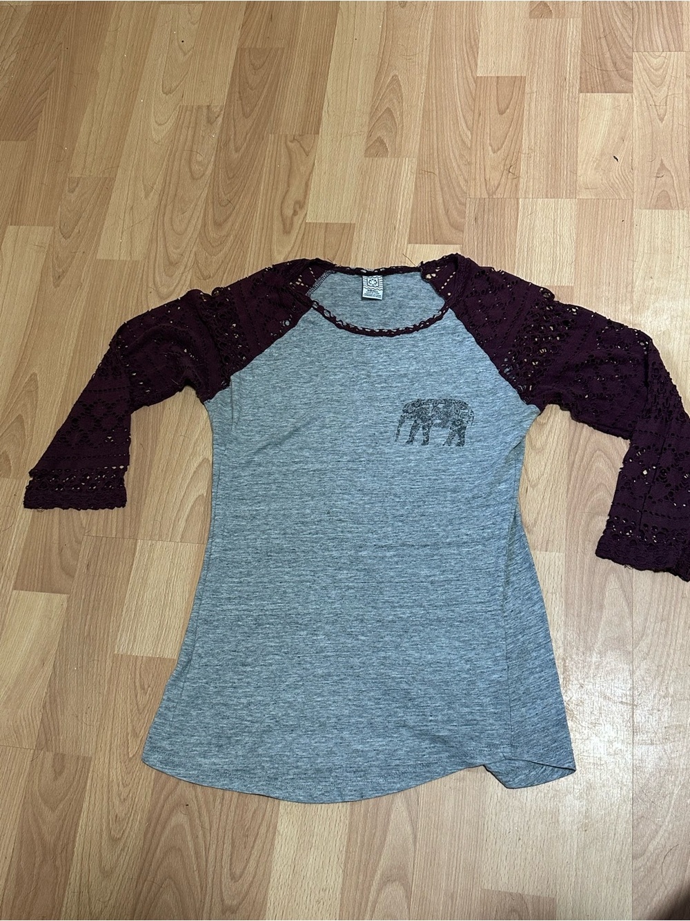 Gray Raglan Top with Burgundy Crochet Sleeves and Elephant Print